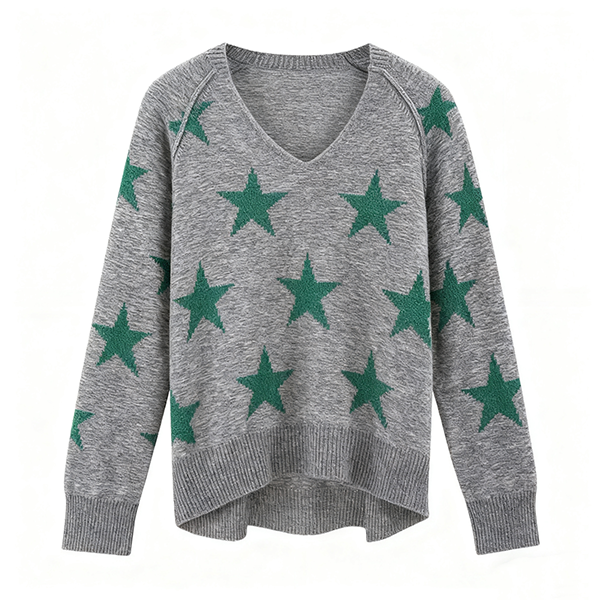 Grey V-Neck Sweater with Green Star Pattern