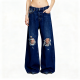 Dark Blue Distressed Wide-Leg Jeans
