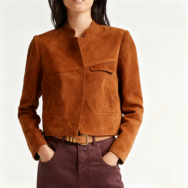 Cognac Suede Cropped Stand-Collar Jacket
