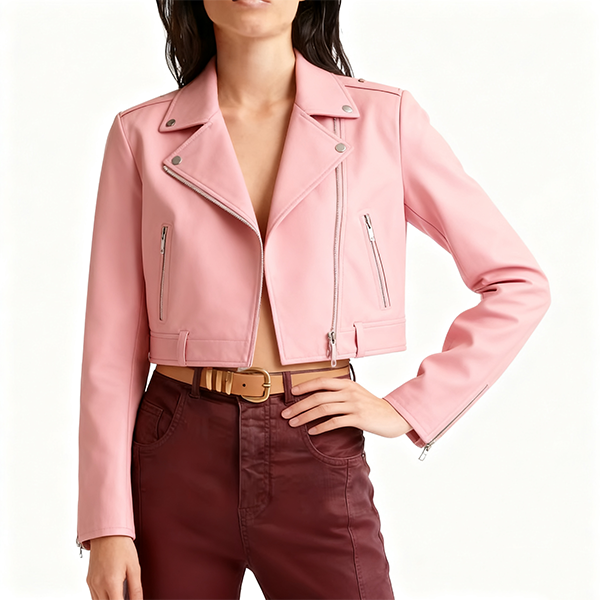 Blush Pink Leather Cropped Moto Jacket