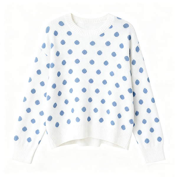 White Crew Neck Sweater with Blue Polka Dots