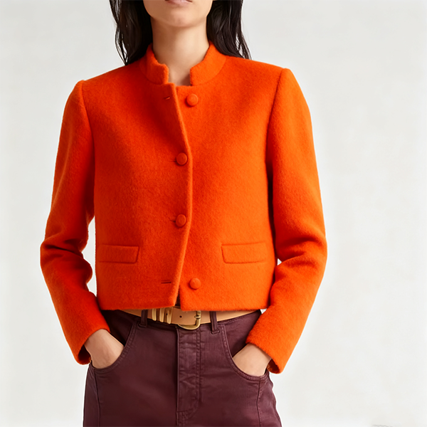 Orange Mandarin Collar Cropped Wool Jacket