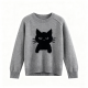 Grey Crew Neck Sweater with Black Cat Graphic