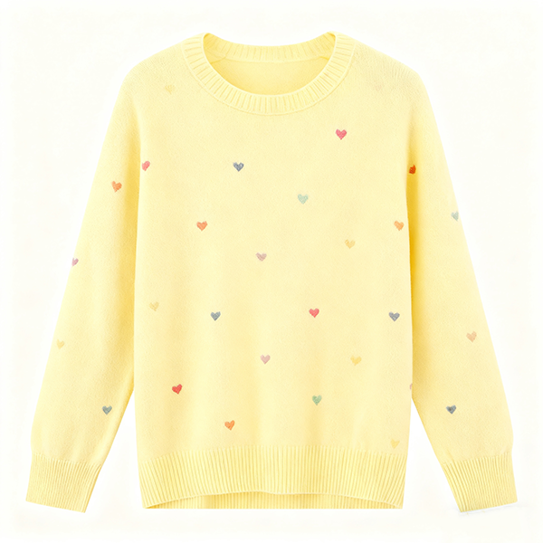 Yellow Crew Neck Sweater with Multi-Color Heart Print