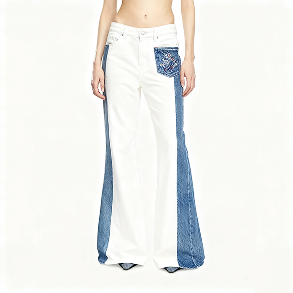 White & Blue Embroidered Flared Jeans