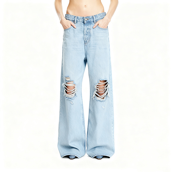 Light Blue Distressed Wide-Leg Denim Jeans