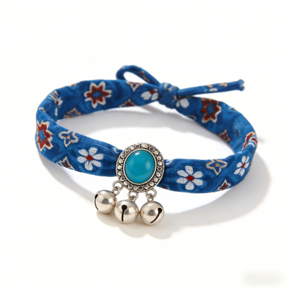Boho Floral Blue Fabric Hair Tie (Turquoise Bell Charm)| Set of 5, Medium