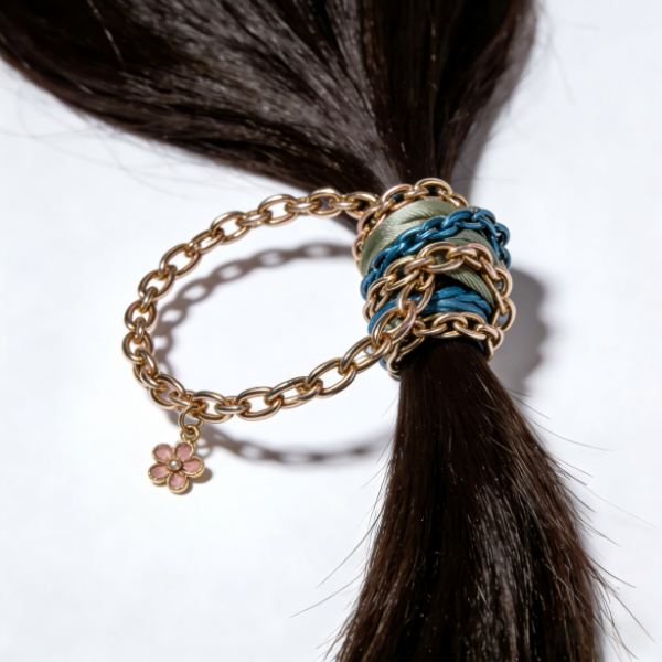 Boho Chain-Link Fabric Hair Tie (Pink Flower Charm)| Set of 5, Medium